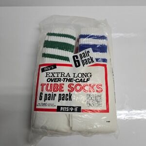 Vintage Extra Long Tube Socks Boys 9-11 White Striped 6 Pair Pack Retro 80s